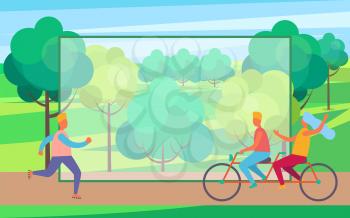 People riding bike and running on skate rollers in summertime park. Colorful vector illustration with frame with room for text in center