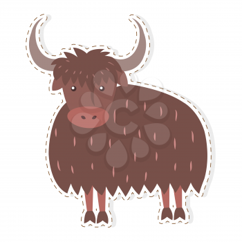 Cute funny long-haired himalayan bull, wold or yak vector flat cartoon sticker or icon outlined with dotted line isolated on white. Domestic animal or pet illustration for game counters, price tags