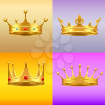 Golden crowns with gems 3d icons set. Shiny kings crowns with precious stones realistic vectors isolated on colorful gradient background