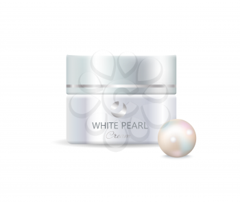 White pearl cream, single container with cosmetic product for women s skin care and round gem vector illustration isolated in realistic design