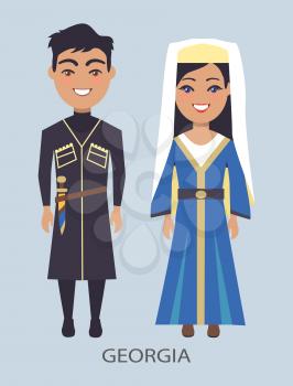 Georgia man and woman that are dressed in traditional costumes, smiling couple, title sample placed below on vector illustration blue