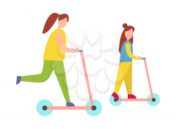 Mother and daughter riding pink kick scooters isolated vector illustration on white. Female parent and young child spending their free time actively