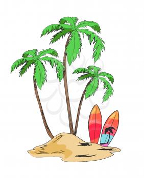 Tropical sandy island with tall palms with big leaves and bright surfboards isolated cartoon vector illustration on white background.