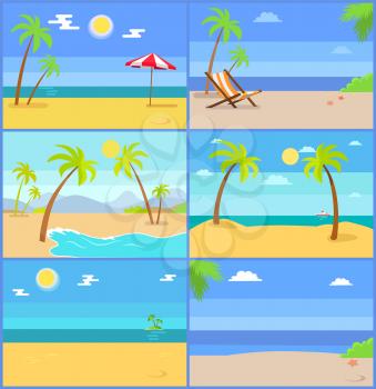 Set tropical coastline views vector illustrations palm trees, ocean and sand, chaise lounge and umbrella, set of postcards summertime design backgrounds