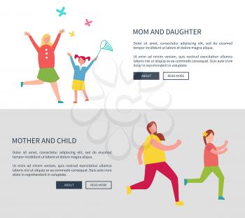 Mother and daughter child, web set with title and text sample, mother and daughter page collection vector illustration isolated on white background