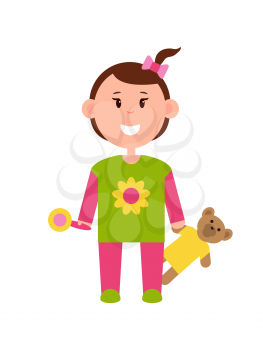 Little girl in pajamas with pink bow on head, plastic rattle and teddy bear in dress isolated cartoon flat vector illustration on white background.
