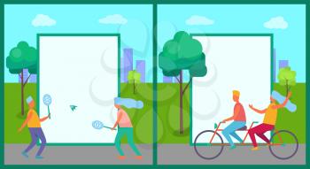 People having fun in park collection of vector illustrations with white rectangles. Teenage boys and girls playing badminton and riding double bicycle