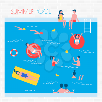 Summer pool with people and inflatable things. Rubber mattresses, red lifebuoys and people in swimwear inside big pool cartoon vector illustration.