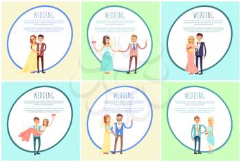 Happy newlywed couples composed of women in wedding gowns and veils who hold bouquets, and men in stylish suits cartoon vector illustrations set.