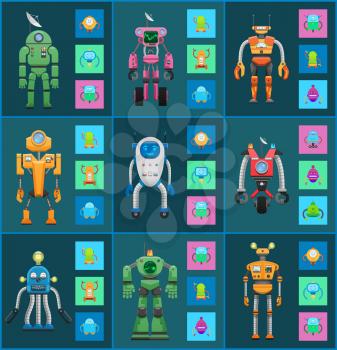 Robot models group isolated on dark backgrounds, smiling droids isolated on colorful squares, robot icons set, graphics and sonar, bulbs and antennas