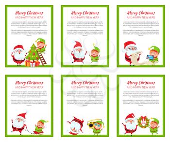 Merry Christmas and Happy New Year poster with Santa and Elf decorating tree from ladder, merrily jump, read wish list, ride on sleigh, dance vector