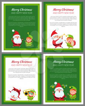 Set of four New Year cards with happy Santa Claus and elf that are playing and laughing, vector illustrations isolated on white and green backgrounds