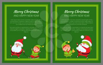 Merry Christmas and happy New Year set of cards with text sample and Santa Claus with elf, frames vector illustration isolated on green backgrounds