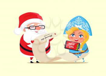 Santa Claus reading list of wishes shown on screen of mobile phone, elderly man with beard and Snow Maiden with gadget, poster vector illustration