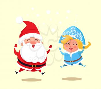Snow Maiden and Santa Claus wearing costumes of traditional pattern, jumping because of happiness, vector illustration isolated on white background