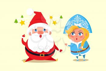 Santa Claus wearing costume with belt, Snow Maiden with hat decorated by ornament and hairstyle, icons of tree and star vector illustration