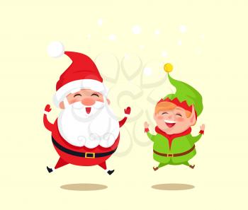 Santa Claus and green elf icon isolated on white background. Vector illustration with Christmas symbol happy Santa and his smiling helper having fun