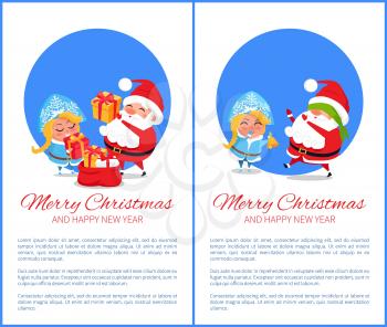 Merry Christmas and Happy New Year posters with Santa and Snow Maiden playing hide-and seek, put presents into sack vector cartoon characters with text