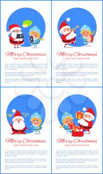 Merry Christmas and Happy New Year posters with Santa and Snow Maiden chatting on tablets, playing musical instruments, put presents in bag vector set