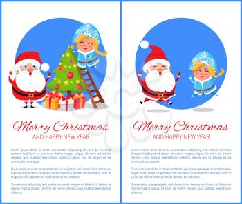 Merry Christmas and happy New Year, tree decoration made by Snow Maiden and Santa Claus, jumping characters and text sample vector illustration