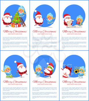 Merry Christmas and happy New Year, Snow Maiden and Santa Claus decorating tree with balls and bells and singing, posters set vector illustration