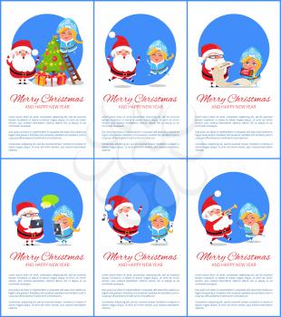 Happy New Year and Merry Christmas colorful poster with Santa Claus and Snow Maiden in white background. Vector illustration with winter characters