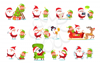 Santa Claus activities collection, winter character with elf and snowman with reindeer doing job, read list of wish, deliver gifts vector illustration