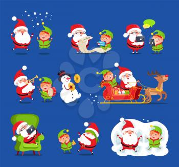 Santa and elf collection, Claus and little boy happy because of snow, reading wishlists, singing and laughing together, reindeer vector illustration