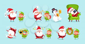 Santa and elf cartoon characters advertisement posters set vector isolated on blue background. Father Christmas and little helper having fun together