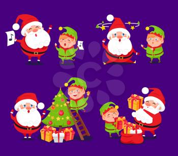 Santa Claus and elf sets, adventures of winter characters, singing songs and decorating Christmas tree, collection presents vector illustration