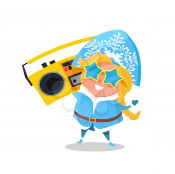 Snow Maiden with record player in festive star-shaped sunglasses isolated on white background. Vector illustration with beautiful happy girl dancing