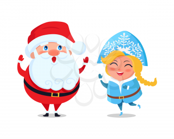 Santa and snow maiden amused fairy tale heroes vector isolated on white. Happy Father Christmas and grand daughter having fun, winter holidays