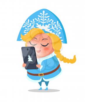 Snow maiden taking order on digital tablet with Christmas tree logo vector illustration postcard isolated on white background. Russian blonde snegurochka