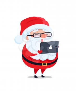 Santa Claus in glasses with digital tablet reads wish list and takes orders vector postcard isolated on white. Father Christmas cartoon character