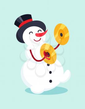 Snowman with drum ymbal common percussion musical instrument vector illustration with cartoon winter character in hat isolated on white background