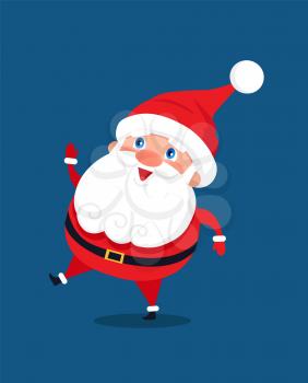 Merry Santa Claus stand smiling on one leg in dance vector illustration postcard cartoon character isolated on blue background, happy Father Christmas