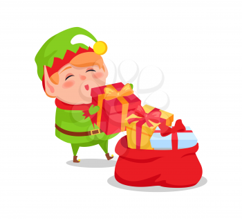 Elf Santa s helper put Christmas presents into red sack vector illustration postcard isolated on white background. Bag full of gift boxes in decor wrapping