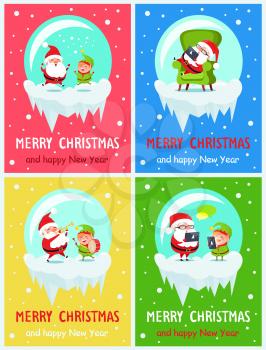 Merry Christmas and happy New Year, colorful posters with Santa and elf expressing their happiness of seeing snow, titles vector illustration