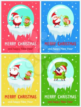 Merry Christmas and happy New Year, placards set with singing winter characters, sleeping Santa and elf playing drums, isolated on vector illustration