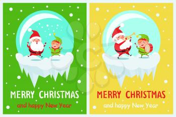 Merry Christmas and happy New Year, great time and joyfulness, Elderly man and helper jumping, Santa and elf playing, isolated on vector illustration