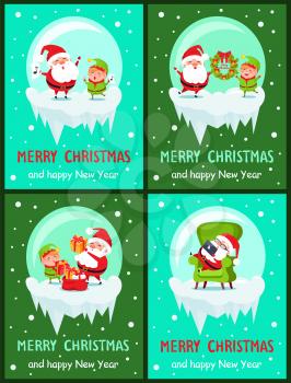 Happy New Year Merry Christmas posters set Santa and Elf on icy cliff sing song, hang wreath, put presents into bag, rest in armchair with tablet vector