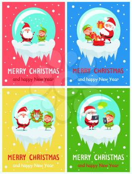 Happy New Year Merry Christmas posters Santa and Elf merrily jump, put presents into red sack, hold winter decor wreath, chatting on smartphones vector