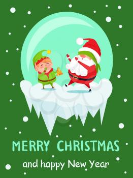 Postcard Merry Christmas Happy New Year Santa and Elf play hide-and-seek, covers eyes and rings in bell vector cartoon characters in icy ball vector