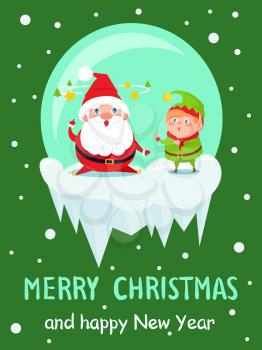 Merry Christmas and happy New Year poster with Elf and Santa in crystal ball, little helper in shock and Xmas father has moving stars over head vector