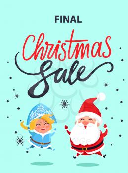 Final Christmas sale advertisement poster with jumping Santa Claus and Snow maiden in carnival costumes vector illustration banner