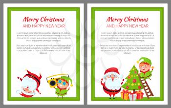 Merry Christmas and happy New Year, wintertime poster, Santa Claus and elf decorating pine tree, music and dances isolated on vector illustration
