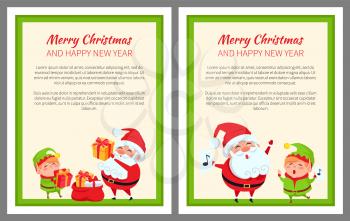 Merry Christmas happy New Year elf and Santa Claus bright posters on light background. Vector illustration with characters with presents in green frame