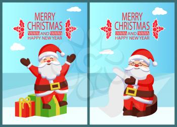 Merry Christmas happy New Year Santa with presents on top of snowy house roof. Vector illustration with winter fairy tale character checking his gift list