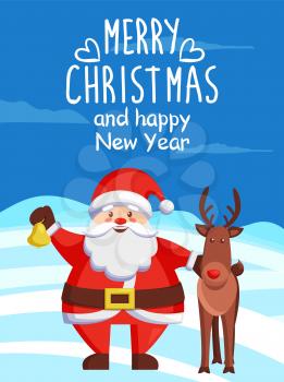 Vector illustration Santy holds golden bell and deer. Merry Christmas and Happy New Year postcard Santa Claus and reindeer on winter landscape scenery.