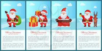 Merry Xmas and Happy New Year poster Santa Claus and presents, deer animal, chimney pipe, green sack bag, daily activities of winter character